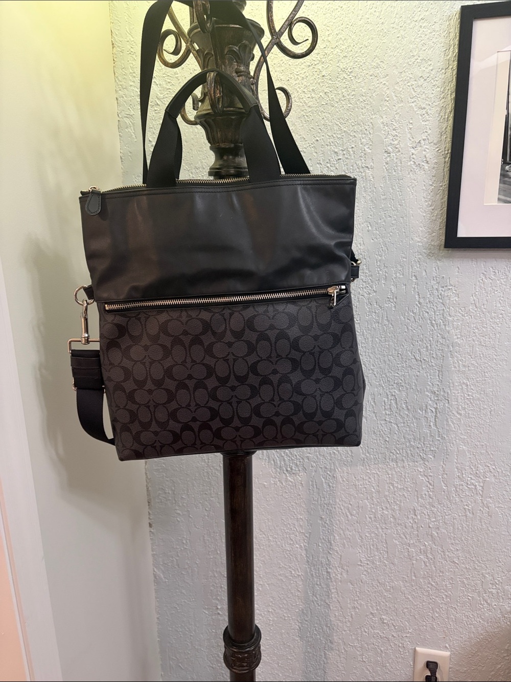 Coach Men Charles Foldover Tote Signature Canvas Black Leather Bag F54774